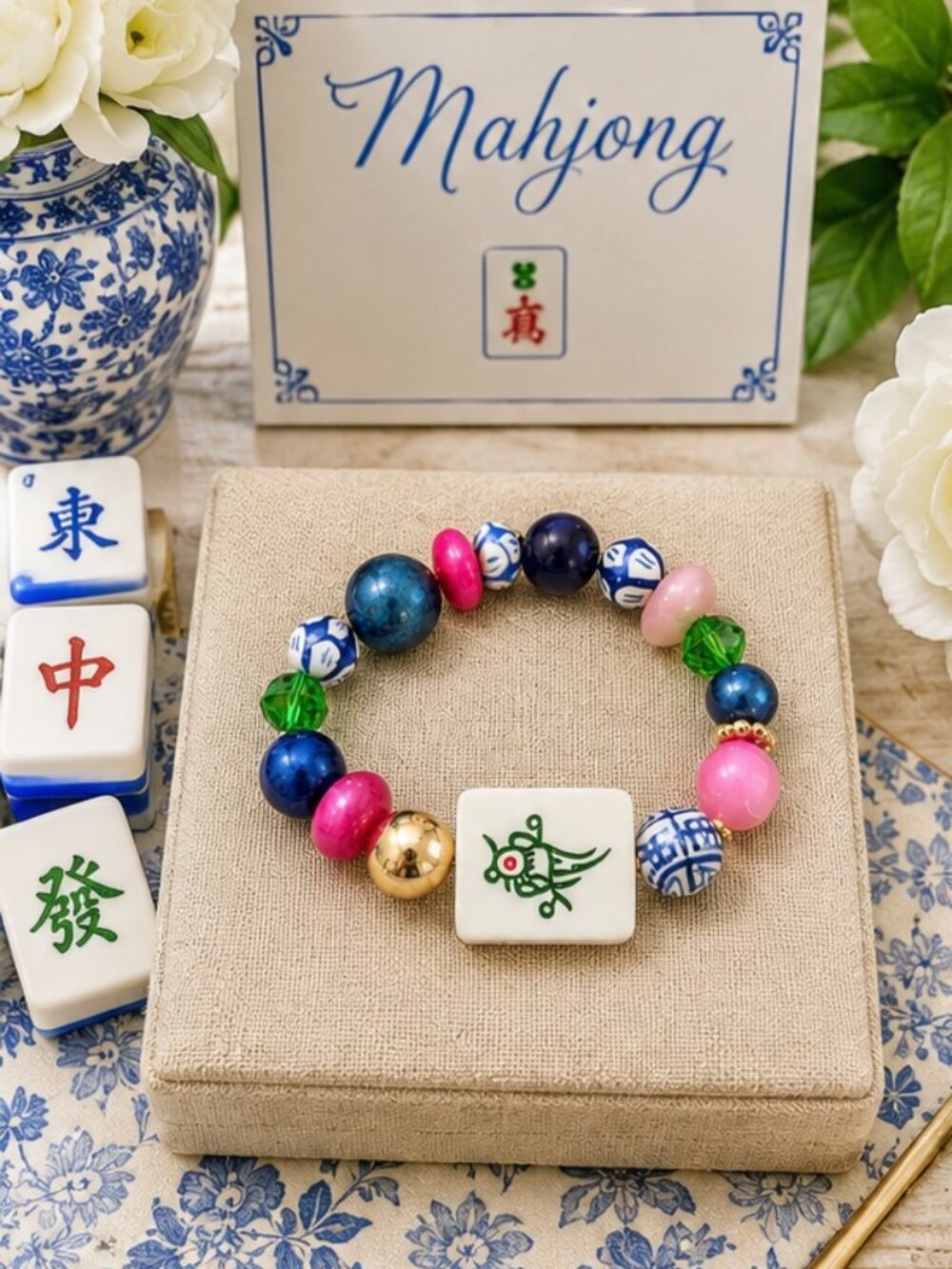 Colorful Mahjong Bracelet, Mahjong Bird Tile Bracelet, Blue Pink Beaded Game